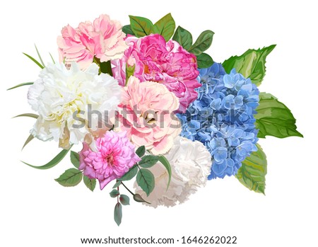 Rose,hydrangea and carnation flower isolated on white background vector illustration