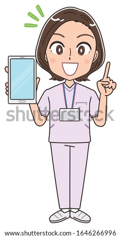 A female nurse wearing a whitish uniform.She uses a smartphone.