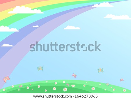 children's background, lawn with flowers and butterflies, in the blue sky the sun and the rainbow. The template for the ad, diploma, certificate, brochure, frame. Vector illustration