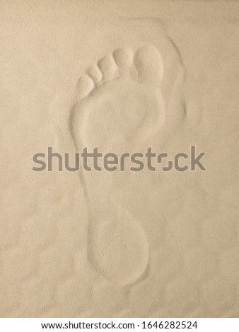 One footprint on light beige sea sand texture, footstep pattern. Sandy beach textured background with barefoot print top view