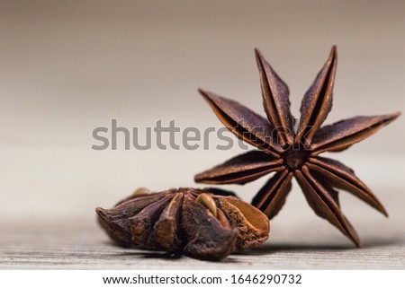 star anise with and without seeds, closed, on a light wooden surface. spice for the recipe. Nice picture. background