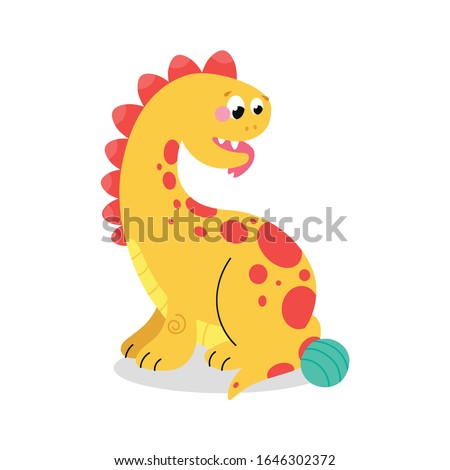 Vector image of a little dinosaur playing with a ball.