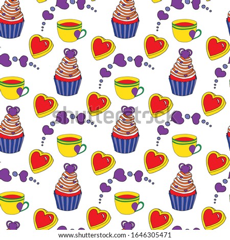 Vector graphic of the various sweets and desserts decorated into seamless pattern. Valentine's day seamless pattern of hearts and cupcakes. Beautiful abstract pattern with Valentine's day seamless
