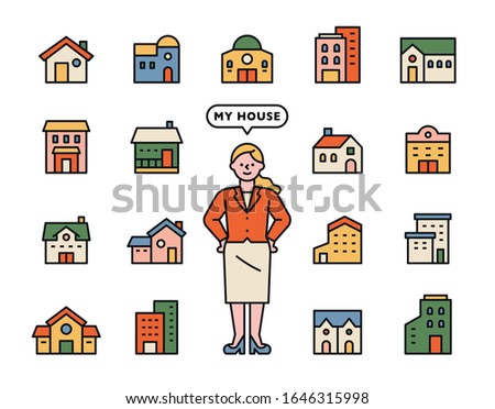 Various building icons. Real estate professional character. flat design style minimal vector illustration.