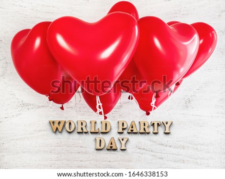 World Party Day greeting card. Isolated background, close-up, view from above, wooden surface. Congratulations for relatives, friends and colleagues