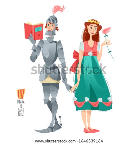 Diada de Sant Jordi (the Saint George’s Day). Traditional festival in Catalonia, Spain. Princess with a rose, knight with a book. The Day of the Rose. The Day of the Book. Vector ill
