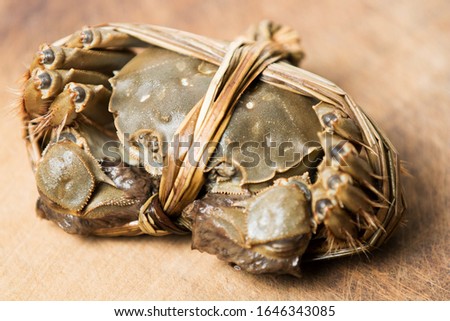 Live hairy crabs on a cutting board Royalty-Free Stock Photo #1646343085