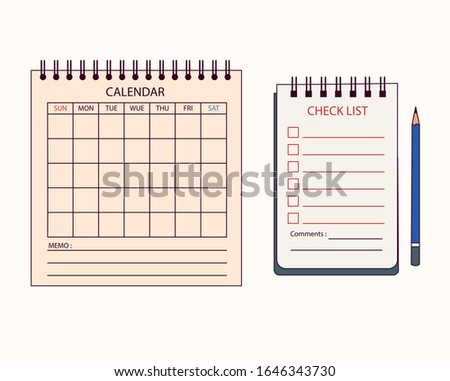 Desktop calendars, notebooks and pencils. hand drawn style vector design illustrations. 