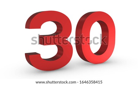 3D Shiny Red Number Thirty 30 Isolated on White Background.