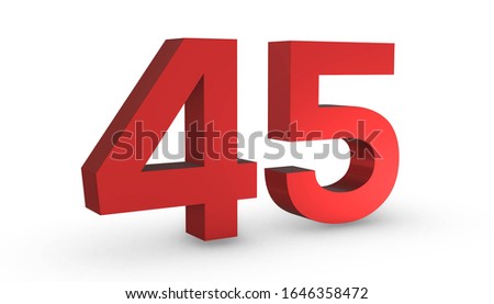 3D Shiny Red Number Forty Five 45 Isolated on White Background.
