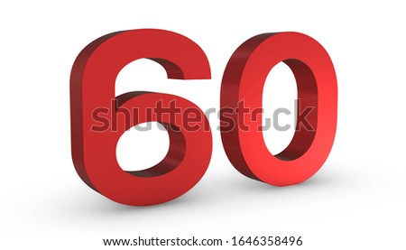 3D Shiny Red Number Sixty 60 Isolated on White Background.
