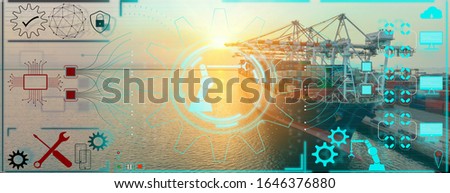 Aerial of cargo ship carrying container with line maintenance technology concept  from  cargo yard port to other ocean concept freight shipping ship on blue sea background.