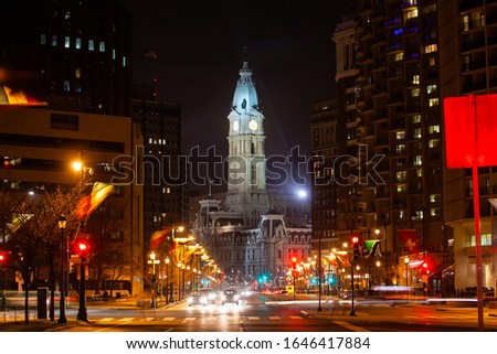 Benjamin Franklin parkway at night toward Penn square and city hall of Philadelphia