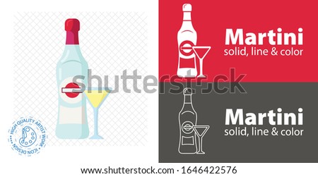 Martini bottle with glass flat design. vector illustration.