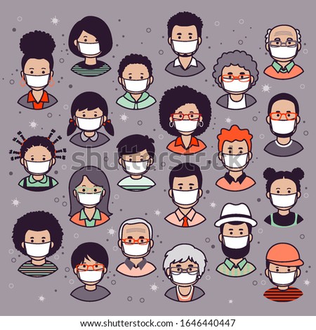 Set of human faces, avatars, people heads different nationality and ages in flat style wearing protective masks.