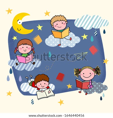 Vector illustration of hand-drawn cartoon kids reading books on the clouds at night.