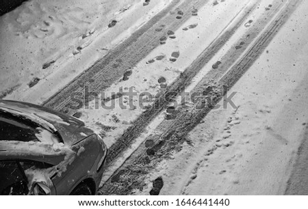 Car on snowy road and with ice, transport and danger