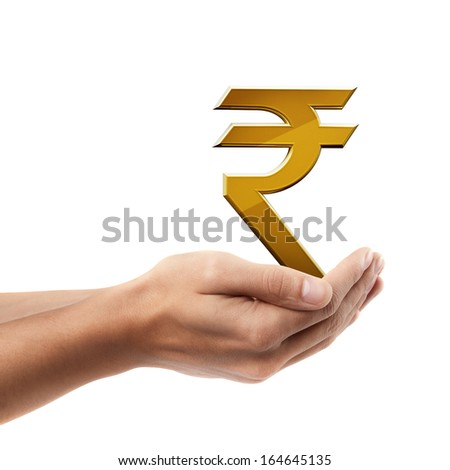 Man hand holding object ( Golden Indian rupee simbol )  isolated on white background. High resolution