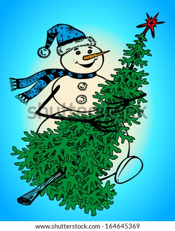 Image of a snowman in the cap that carries a Christmas tree.