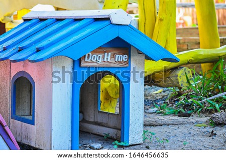 Wooden dogs house in the village house. Backyard with handmade wooden house for dogs