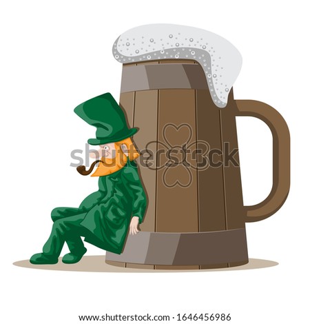 A leprechaun pushes a giant wooden beer mug against a white isolated background. Vector image eps 10