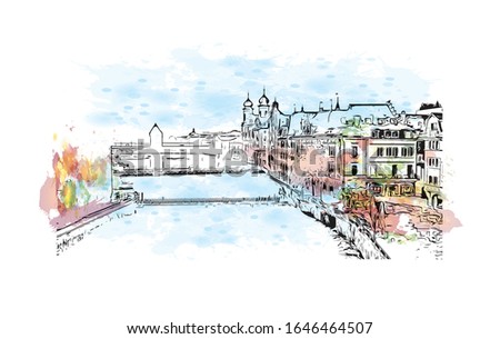 Building view with landmark of Lucerne, a compact city in Switzerland known for its preserved medieval architecture. Watercolor splash with Hand drawn sketch illustration in vector.