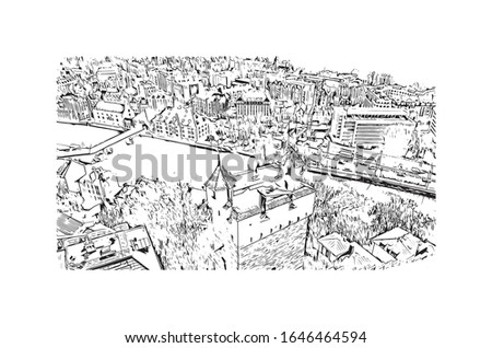 Building view with landmark of Lucerne, a compact city in Switzerland known for its preserved medieval architecture. Hand drawn sketch illustration in vector.