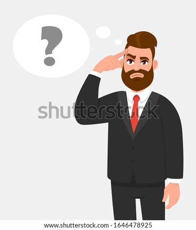 Thoughtful young businessman holding or touching finger on forehead. Question mark in the thought bubble. Trendy person thinking and looking up. Hipster character illustration in vector cartoon style.