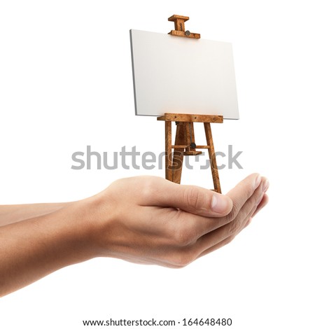 Man hand holding object ( Blank Canvas on easel )  isolated on white background. High resolution 