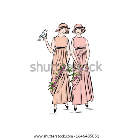 Twins ladies dressed in hat, long pink dress decorated flowers in vintage style from the nineteenth century. Woman holding bird. 
