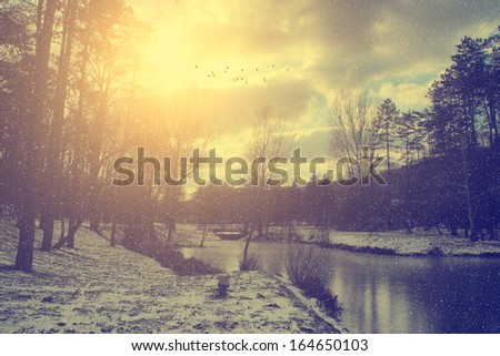Vintage photo of winter scene and snowfall