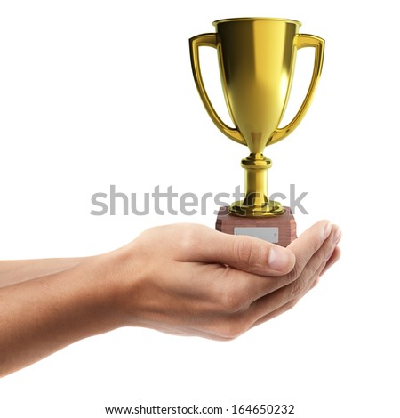 Man hand holding object ( golden trophy  )  isolated on white background. High resolution  