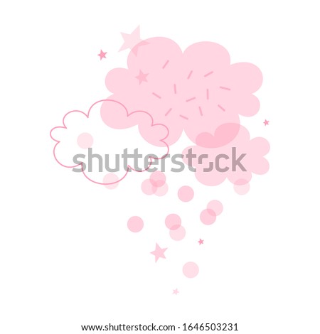 Pink linear and flat transparent overlaying cloud shape with dash round confetti vector illustration isolated on white background. Festal baby girl birthday party backdrop. Pastel dream rose girlish