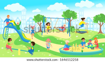 Children at playground in city park, happy kids playing outdoor, vector illustration. Boys and girls cartoon characters sliding, swinging and building sand castles in sandbox. Cute children playground