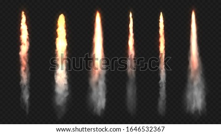 Rocket fire and smoke trails, vector realistic spacecraft startup launch elements. Space rocket launch or startup jet fire flames, airplane shuttle contrails, isolated set on transparent background Royalty-Free Stock Photo #1646532367