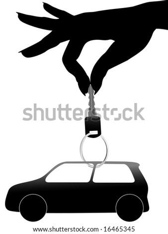 A woman holds in her hand a set of auto symbol and car key on a shiny key ring.