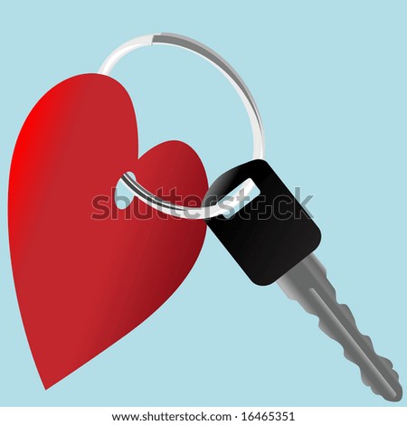Love the Car: a set of heart symbol and auto key on a shiny key ring. Includes clipping path for the objects.