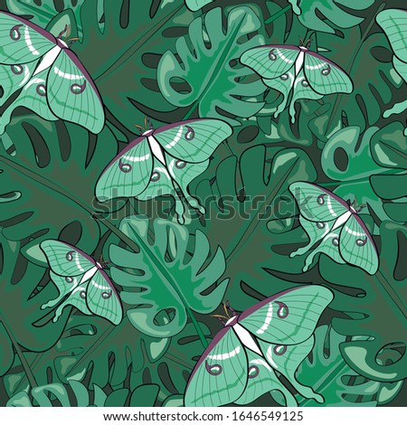 Seamless pattern with butterflies, moths and tropical leaves. 
Illustration for fabric, textile, print for t-shirt, sweatshirt, pajamas.