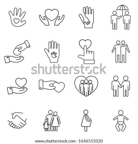 Charity, donation and volunteering icon set in thin line style. Black and white flat line icons.