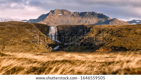 Wonderful nature of Iceland. fresh green grass and icelandic moss near river with waterfall. Typical Icelandic scenery of summer. Picture of wild area. Amazing Icelandic landscape. Natural background 