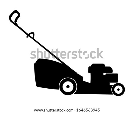 Flat vector black silhouette of four wheeled lawnmower isolated on white background.