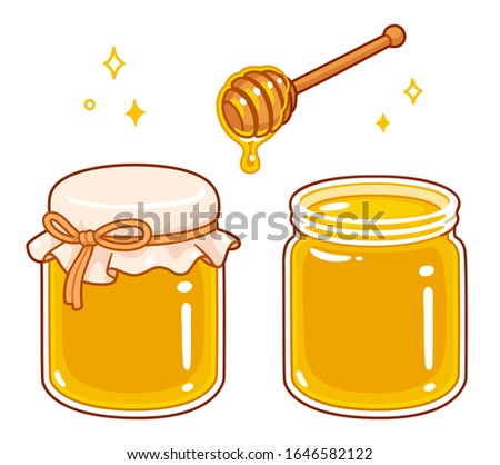 Hand drawn cartoon style honey set. Glass jar with lid cover tied with string. Wooden dipper spoon with dripping liquid honey. Isolated clip art illustration.