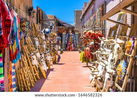 Santa Fe, New Mexico, USA market selling traditional southwestern goods.