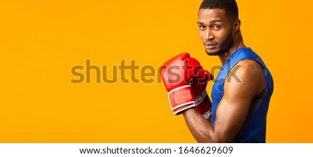 Male Instructor. Portrait of confident black man wearing red gloves posing in boxing stance, panorama, copyspace