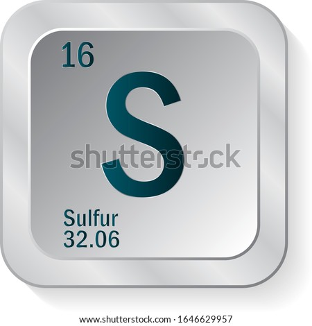 Sulfur or S periodic table element icon on silver metallic button vector illustration.