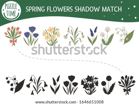Shadow matching activity for children with spring flowers. Preschool garden themed puzzle. Cute floral educational riddle. Find the correct silhouette game.