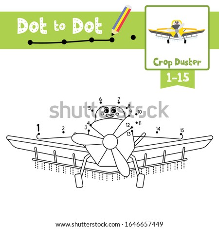 Dot to dot educational game and Coloring book of Crop Duster cartoon transportations for preschool activity about learning counting number 1-15 and handwriting practice worksheet. Vector Illustration.