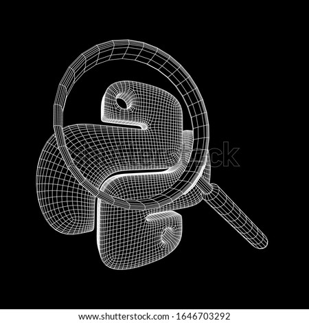 Python code language sign with magnifying glass. Programming coding and developing concept. Wireframe low poly mesh vector illustration