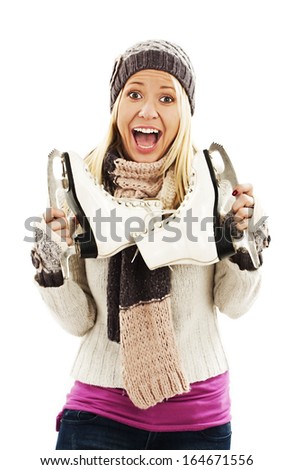 Pretty woman ice skating winter sport activity in cap smiling facial close-up. Isolated on a white background 