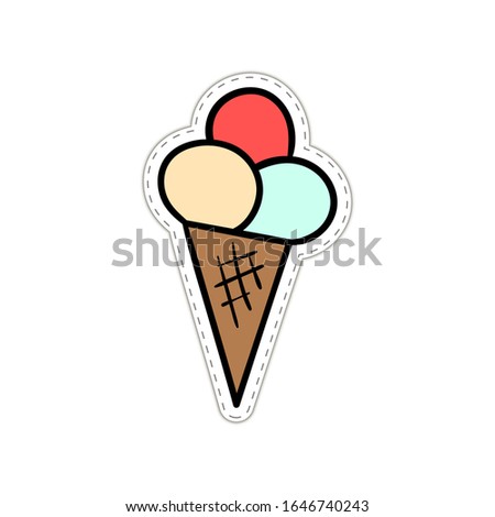 Cute Cartoon ice cream close-up. Ice cream isolate on a white background with a black outline. Ice cream sticker. Vector stock illustration clip-art, stickers, picture on the mug, t-shirt, postcard.